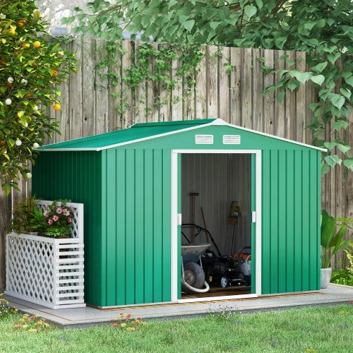 UK Local Outsunny 9 X 6ft Metal Garden Shed, Outdoor Storage Tool House With Ventilation Slots, Foundation Kit And Lockable Double Doors, Green