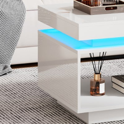 UK Local High Glossy LED Coffee Table With Drawer Storage, Wooden Centre Table With RGB Led Lights Rectangle Tea Table For Living Room Furniture, White Coffee Table With Open Display Shelf
