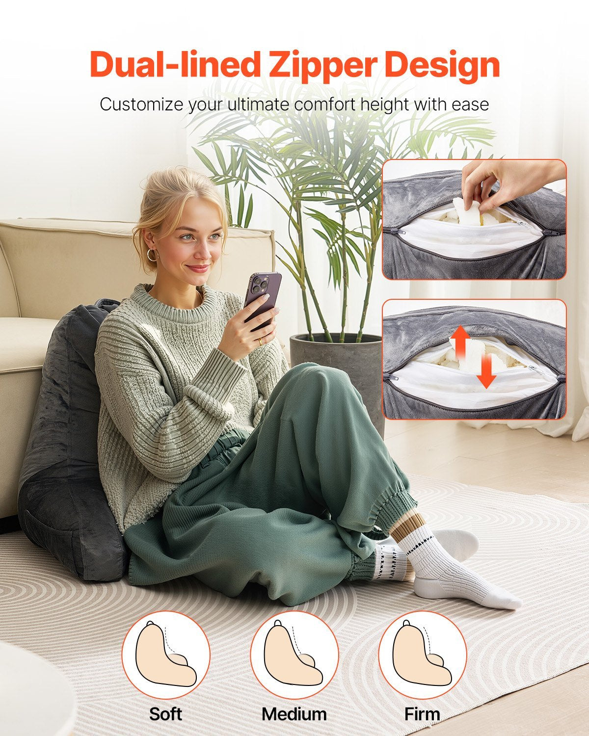 US Local Reading Pillow, Large Size Bed Pillow With Shredded Memory Foam, Back Pillow With 3 Pockets And Washable Short Velvet Cloth, Top With Handle, For Watching TV, Reading, Gaming, Resting, Grey