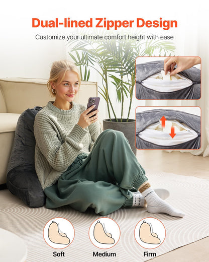 US Local Reading Pillow, Large Size Bed Pillow With Shredded Memory Foam, Back Pillow With 3 Pockets And Washable Short Velvet Cloth, Top With Handle, For Watching TV, Reading, Gaming, Resting, Grey