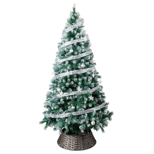 US Local 7.5 FT Artificial Snow Tipped Christmas Tree With DIY 350 Warm Lights Remote Control, Hinged Xmas Pine Tree With Silver Ribbon Ornaments For Holiday Party Office Home, Green & Snow Tipped