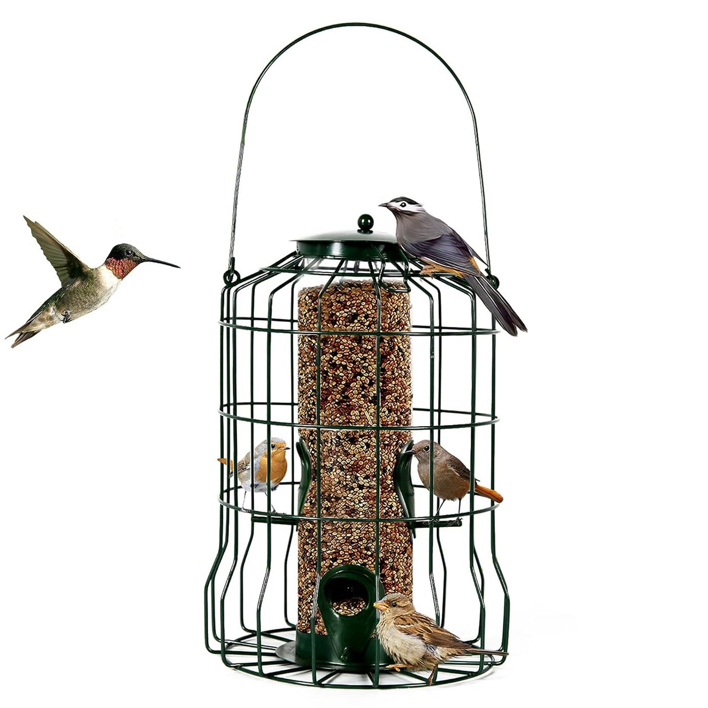 US Local 1Pc Outdoor Wild Bird Feeder Squirrel-Proof Chew-Proof Metal Hanging Seed Feeder With 4 Feeding Port For Small Songbirds
