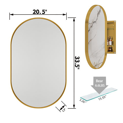 US Local 20x34 Inch Oval Recessed Medicine Cabinet, Metal Framed Bathroom Wall Cabinet With Mirror And Adjustable Shelves, Wall Mirror With Storage For Bathroom, Matte Gold