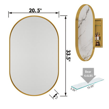 US Local 20x34 Inch Oval Recessed Medicine Cabinet, Metal Framed Bathroom Wall Cabinet With Mirror And Adjustable Shelves, Wall Mirror With Storage For Bathroom, Matte Gold