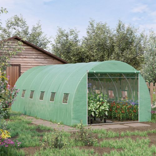 UK Local Outsunny 6 X 3 X 2 M Polytunnel Greenhouse With Roll-up Door And 12 Mesh Windows, Walk-in Garden Tunnel Warm House Tent With UV-resistant PE Cover And Galvanised Steel Frame, Green