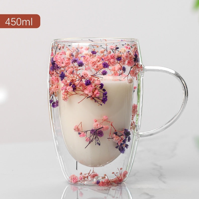 Real Flower Double Layer Glass Cup Good-looking Starry Sky
