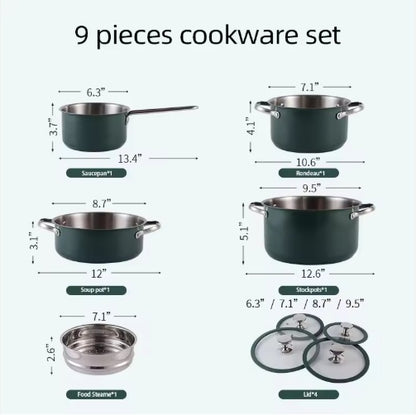 US Local 4 pcs Stainless Steel Ceramic Coated Pot Set, Including 1 Milk Pot, 2 Stockpots, 1 Non-stick Pan, 4 LIDS And 1 Steamer Green