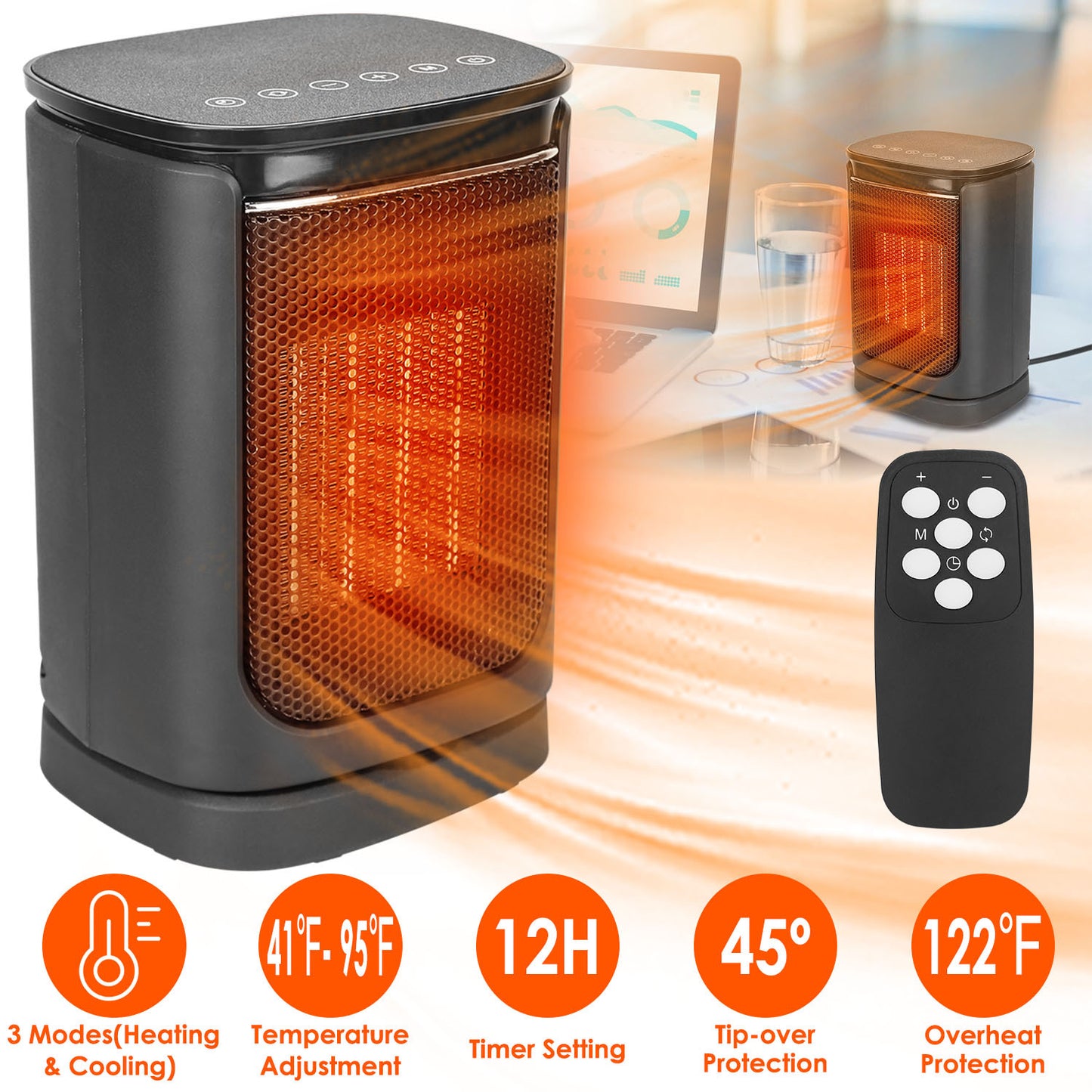 US Local 1500W Electric Space Heater Ceramic Heater Fan 90 Degree Oscillating Heating Fan With 3 Modes Remote Control Digital Display Tip-over Overheating Protection For Home Office