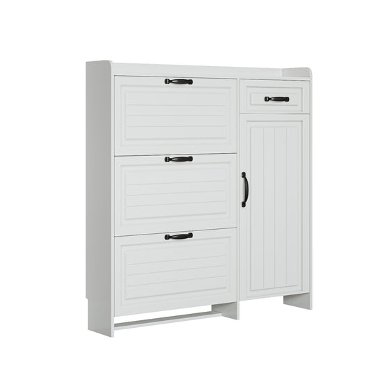 US Local White Color Shoe Cabinet With 4 Doors 1 Drawers,PVC Door With Shape ,large Space For Storage