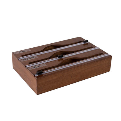 3 In 1 Bamboo Wrap Organizer With Cutter And Labels, Plastic Wrap Aluminum Foil And Wax Dispenser For Kitchen