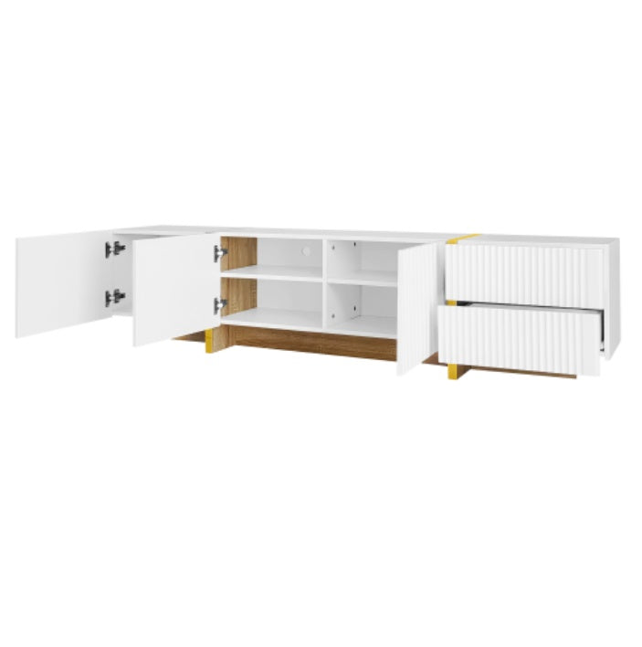 UK Local 190 Cm TV Cabinet, 3 Doors, 2 Drawers, White With Gold And Wood Grain