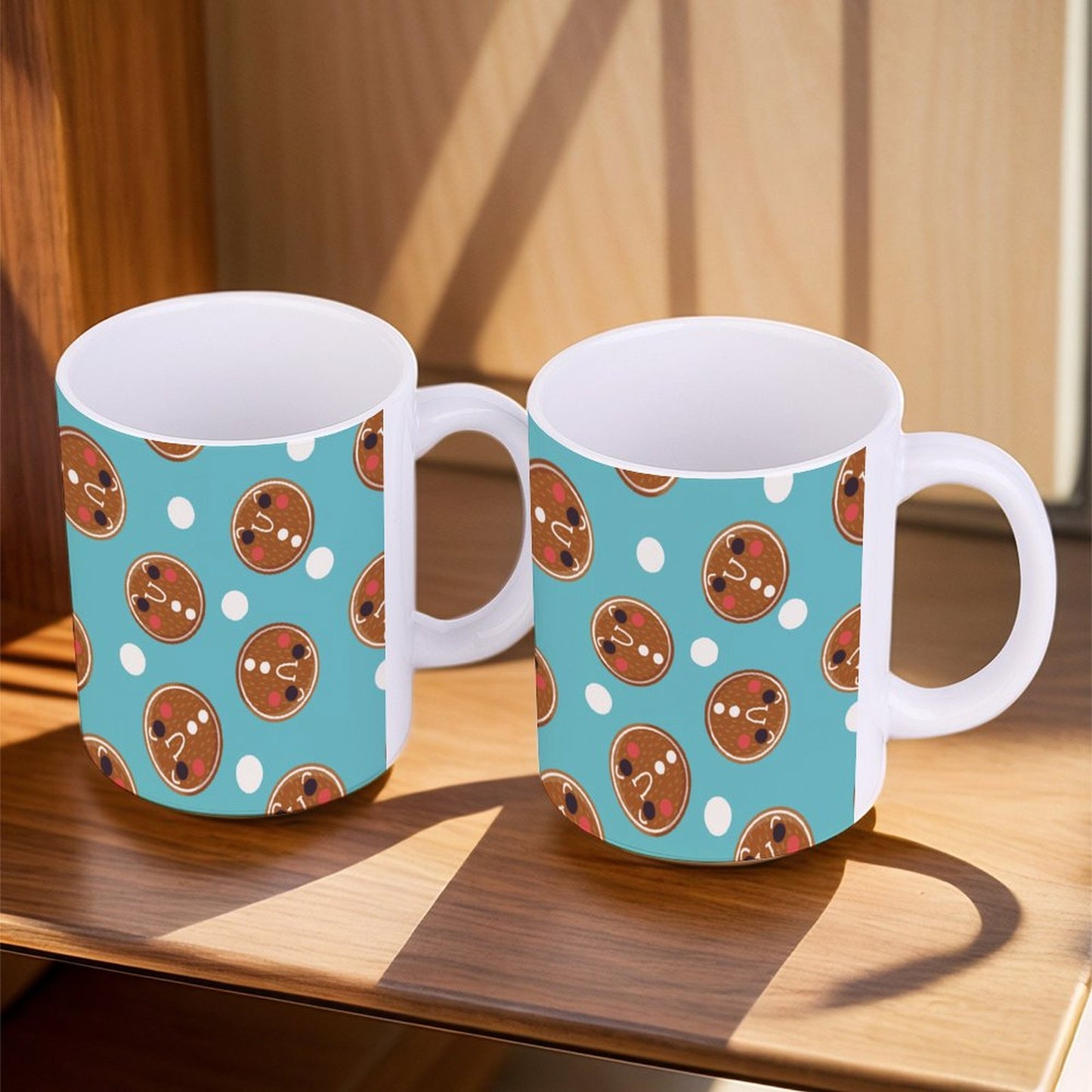 POD US Local White mug with full print, Christmas Gingerbread Man Circle Blue 0069