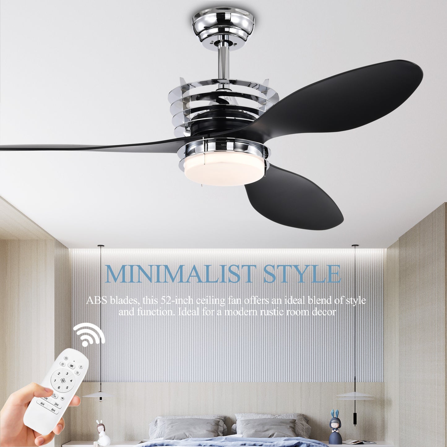US Local 52'' ABS Blades Ceiling Fan With Lights And DC Remote, DC Motor Modern Ceiling Fan With 3 ABS Fan Blades & 2 Down Rods, Indoor Ceiling Fan With Light For Bedroom,Living Room