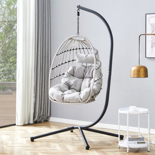 US Local GRHeavy-Duty Iron Hanging Chair With Wicker Weave   Single Person Swing For Indoor  Outdoor Gray