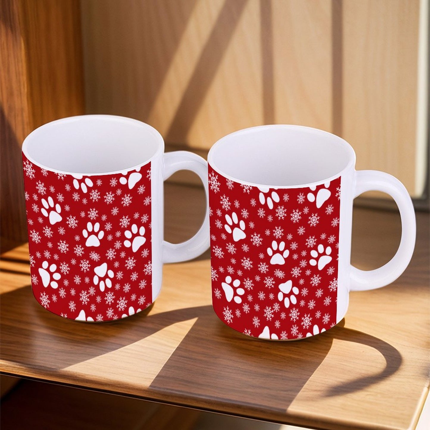 POD US Local White mug with full print, Christmas Snowflakes Cats Dogs Paws Red 0067