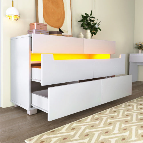 UK Local Sideboard Cabinet Dresser With 6 Drawers,Storage With RGB LED App Control, Sideboard With Cut-out Handles, 6-drawers Chest Of Drawers, 71 X 120 X 40 Cm, White