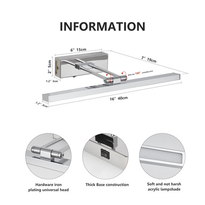 US Local Battery Picture Light, 16 Inch Wireless Picture Light For Painting With Remote,Full Metal Rechargeable Art Light,Wall Sconce Display Lighting For Portrait, Photo Frame,Gallery, -Chrome