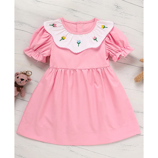 US Local Toddler Baby Girl Spring Tulip Smocked Short Sleeve Dress With Lovely Tulip Embroidery Princess Dresses