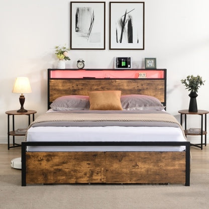 US Local Queen Size Bed Frame With Storage Headboard And 2 Drawers, LED Lights Bed With Charging Station