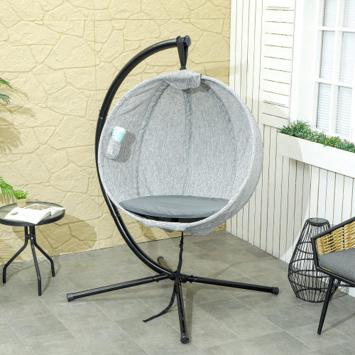 UK Local Outsunny Hanging Egg Chair Outdoor Indoor Garden Swing Chair With Folding Basket, Garden Hanging Chair With Stand, Thickened Cushion, Cup Holder For Patio, Balcony