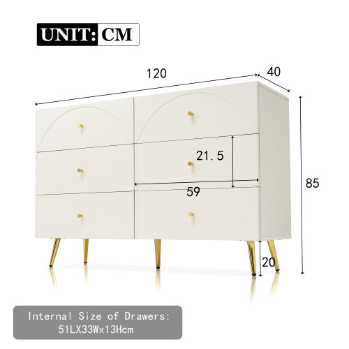 UK Local Sideboard Cabinet For Living Room, Chest Of Drawers With 6 Drawers, Cream White, 40D X 120W X 85H CM