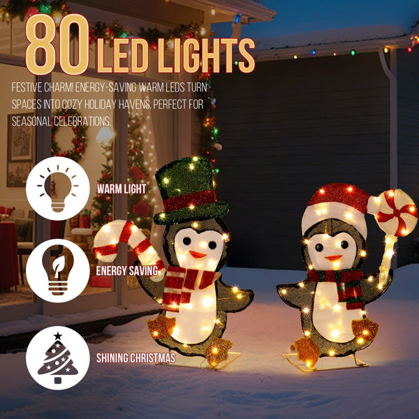 US Local Set Of 2 Lighted Penguin And Candy Cane Christmas Decorations, Pre-lit 2D Holiday Decor With 80 Warm White LED Lights For Xmas Outdoor Indoor Decor Lighted Holiday Displays