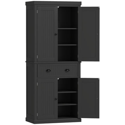US Local 72 Kitchen Pantry Storage Cabinet, Cupboard With 4 Doors And 3 Adjustable Shelves, Large Central Drawer, Black