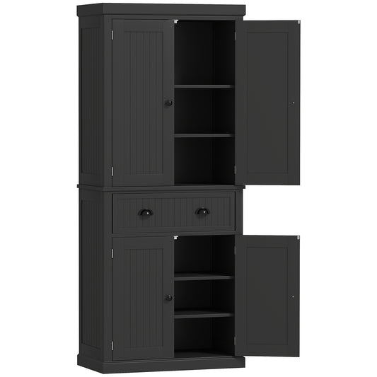 US Local 72 Kitchen Pantry Storage Cabinet, Cupboard With 4 Doors And 3 Adjustable Shelves, Large Central Drawer, Black
