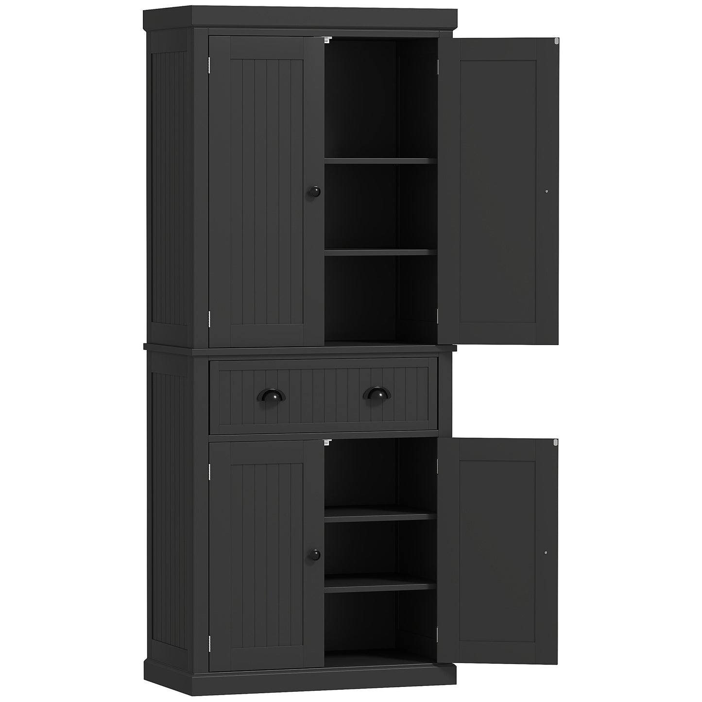 US Local 72 Kitchen Pantry Storage Cabinet, Cupboard With 4 Doors And 3 Adjustable Shelves, Large Central Drawer, Black
