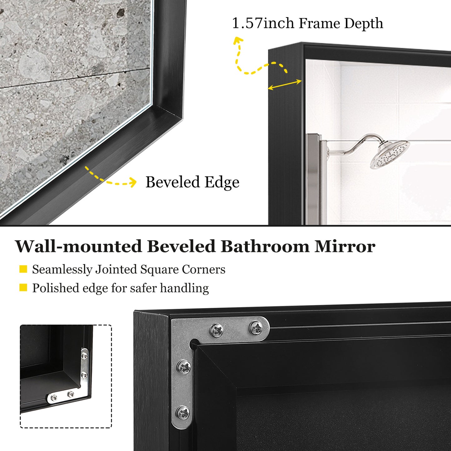 US Local 40x30 Inch Glossy Black Bathroom Mirror Wall Rectangular Vanity Mirror
