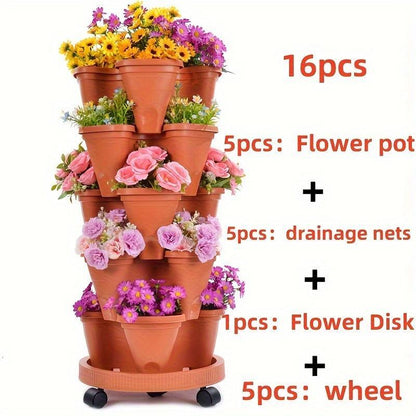 US Local 16 Pieces 5-Layer Stackable Flower Pots Vertical Garden Flowers Herbs Strawberry Vegetables Durable Plastic With Mobile Wheels Indoor And Outdoor Flower Pots
