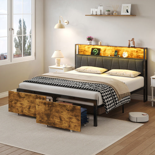 UK Local 4ft6 Double Bed Frame With 2 Storage Drawers, RGB LED Storage Headboard With Charging Station, Metal Platform Bed Frame, No Box Spring Needed, Easy Assembly, Black Walnut No Mattress