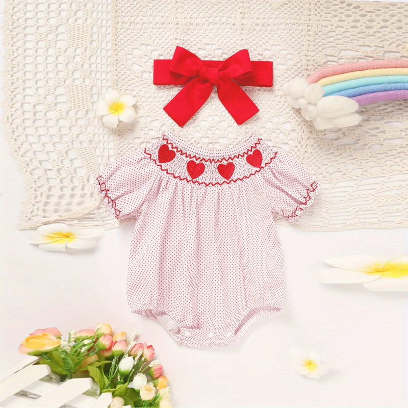 US Local Baby Girl's Short Sleeve Pink Romper, Polka Dot Pattern With Heart Embroidery And Ruffle Detail