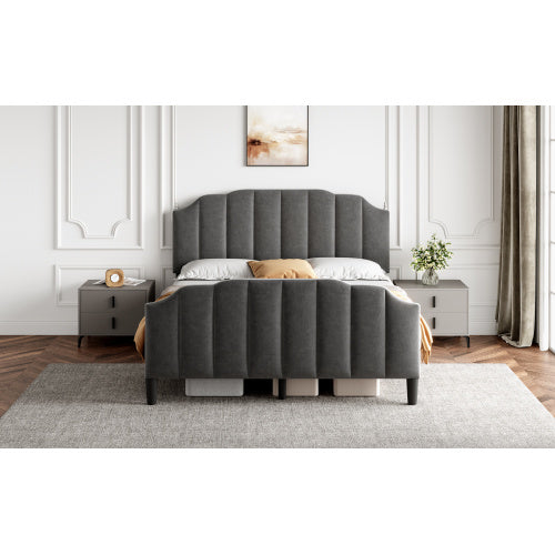 UK Local 4ft6 Double Upholstered Bed Frame With Adjustable Chic Channel-Tufted Headboard, Velvet Platform Bed Frame With Solid Wood Slat And Mute Foam, No Box Spring Needed, Easy Assembly, Grey No Mattress