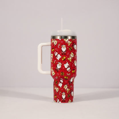 Christmas Pattern Mug With Handle Lid Straw Drinkware Stainless Steel Vacuum Tumbler Large Capacity Car Travel Coffee Cup