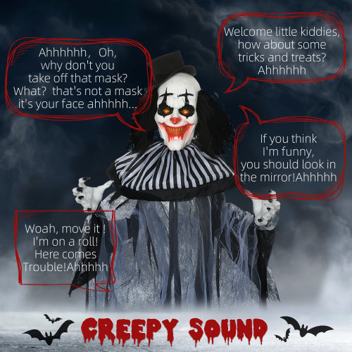 HOMCOM 6 Life Size Outdoor Halloween Decoration, Classic Black And White Striped Clown Animatronic, Sound And Motion Activated Animated Prop With Light Up Eyes  Sounds