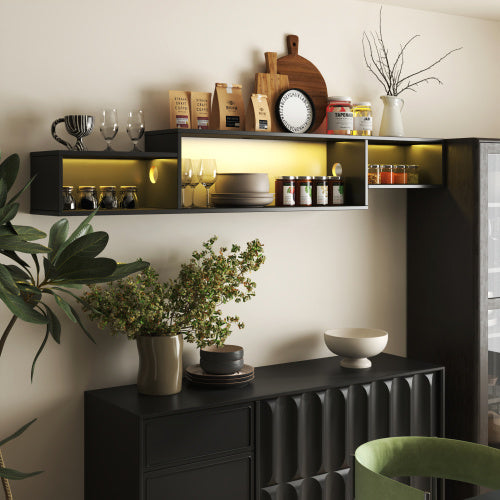 US Local 65.35in Wall Mounted Floating TV Stand With 20 Color LEDs And Charging Station