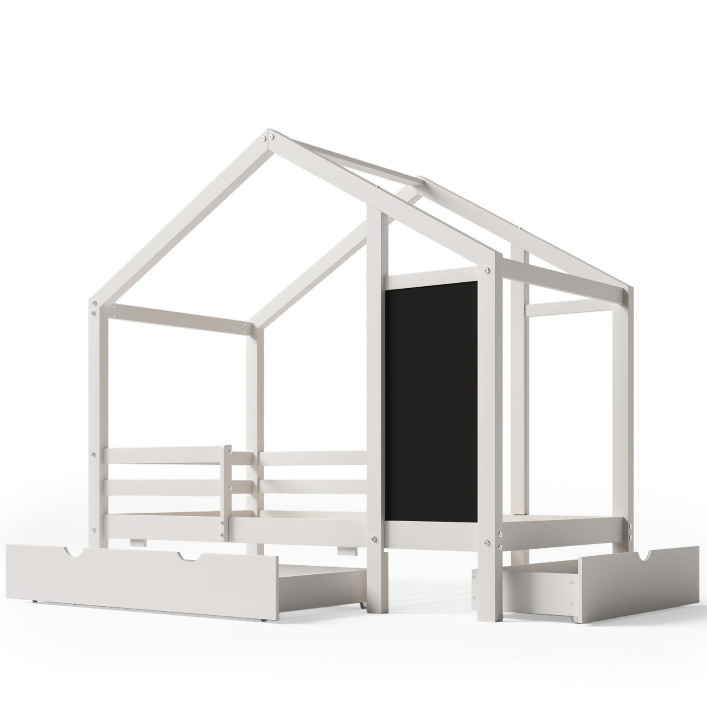 US Local Twin House Bed With Blackboard And Drawers, Two Assembly Options, White