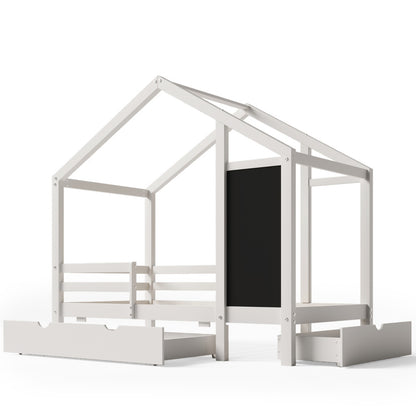 US Local Twin House Bed With Blackboard And Drawers, Two Assembly Options, White