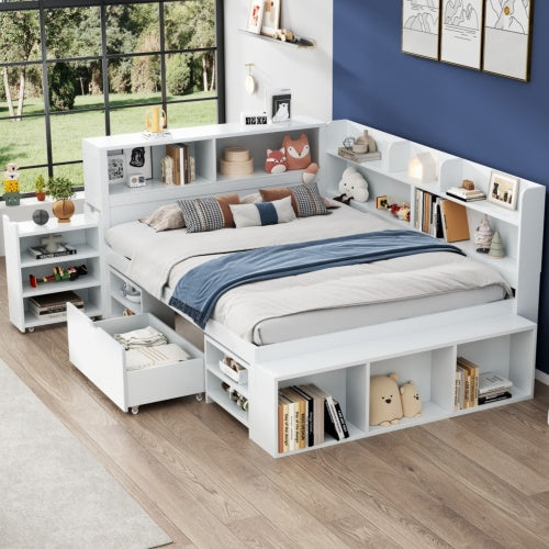 UK Local Children's Bed, Double Bed-4ft6  135x190cm  Multifunctional Children's Bed With Drawers, Bookcase And Storage Cupboard, Large Storage Space, Slatted Frame, Without Mattress, White