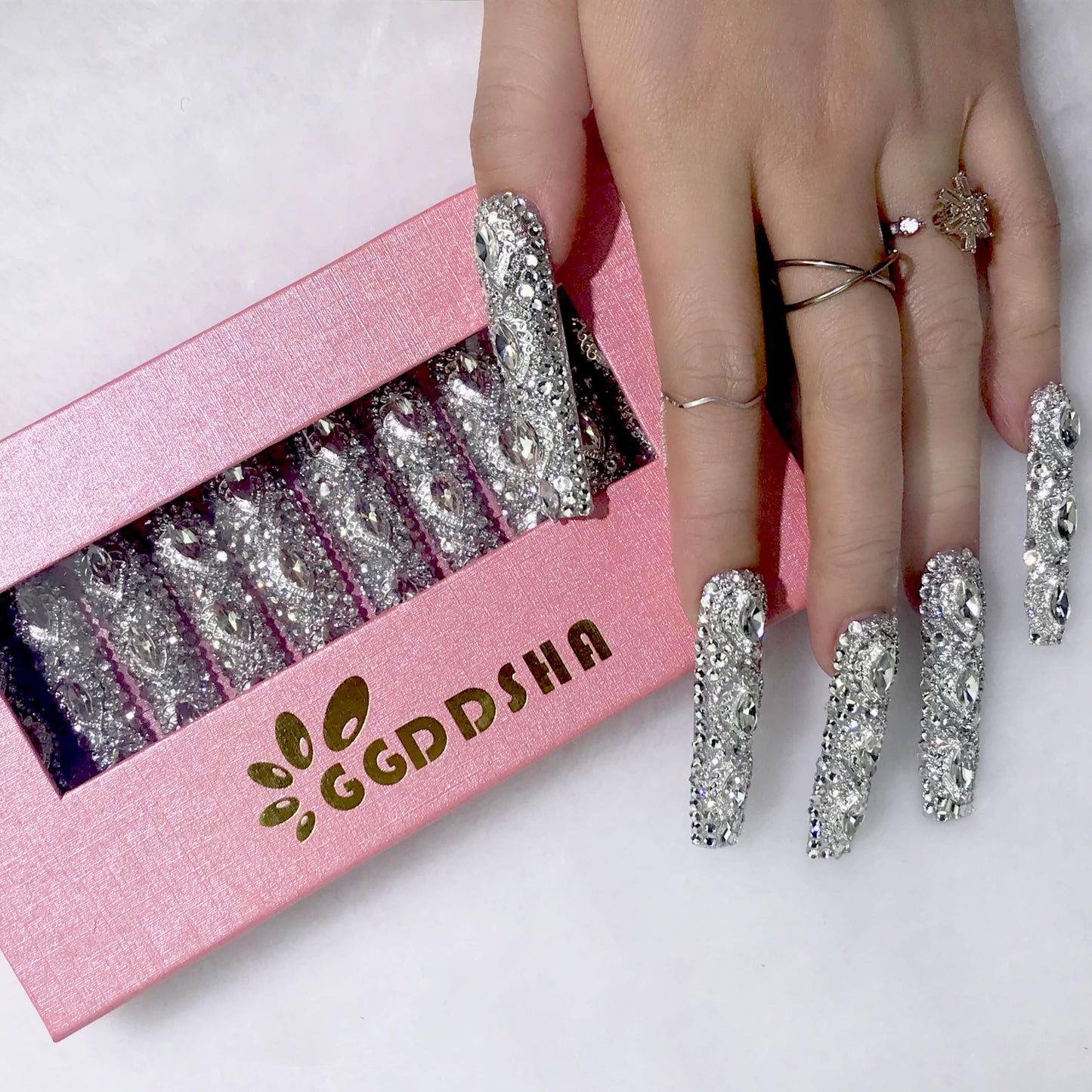 US Local GGddsha Queen Of Haute Style Full Diamond Long NailsPMMA Acrylic Handmade Full Deluxe 3D Crystal Fake Nailsw Box, Gift For Women,Luxe Divinity