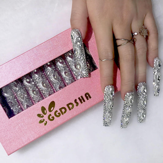 US Local GGddsha Queen Of Haute Style Full Diamond Long NailsPMMA Acrylic Handmade Full Deluxe 3D Crystal Fake Nailsw Box, Gift For Women,Luxe Divinity
