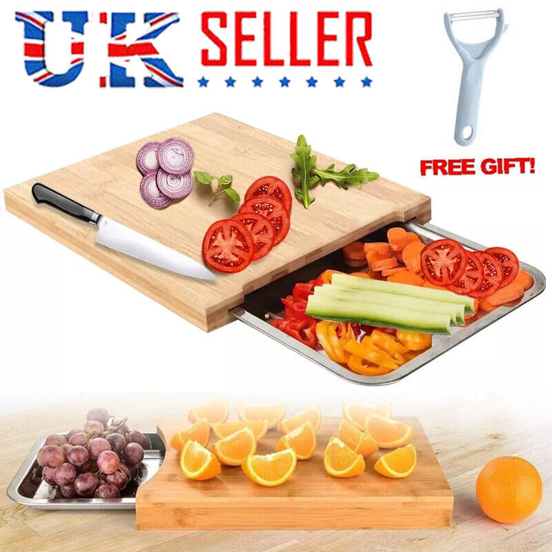 UK Local Bamboo Wooden Chopping Board Cutting Slicing  Sliding Stainless Steel Tray