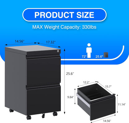 US Local 2 Drawer Vertical File Cabinet With Lock, Mobile Metal Filing Cabinet For Legal Letter Size, Office Storage File Cabinet Under Desk, Fully Assembled Except Wheels, Black