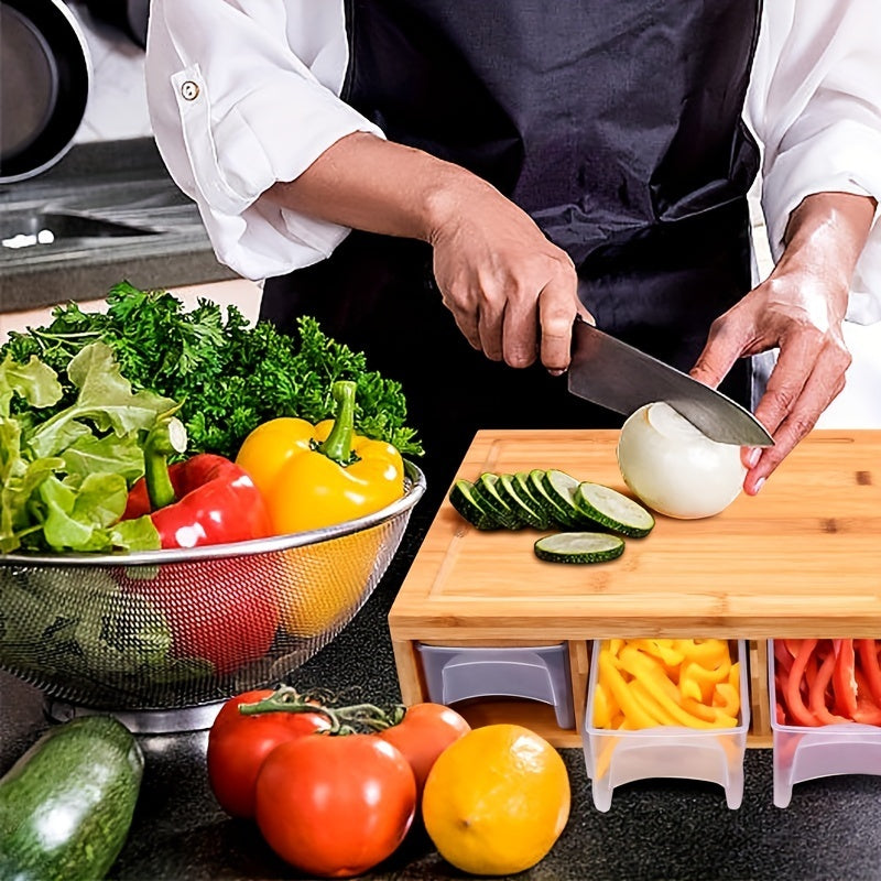 US Local Bamboo Cutting Board With Drawer, Including 4 Vegetable Cutters, 4 Trays With Lids, Container And Vegetable Peeler Set, Cutting Board, Kitchen Bamboo Cutting Board