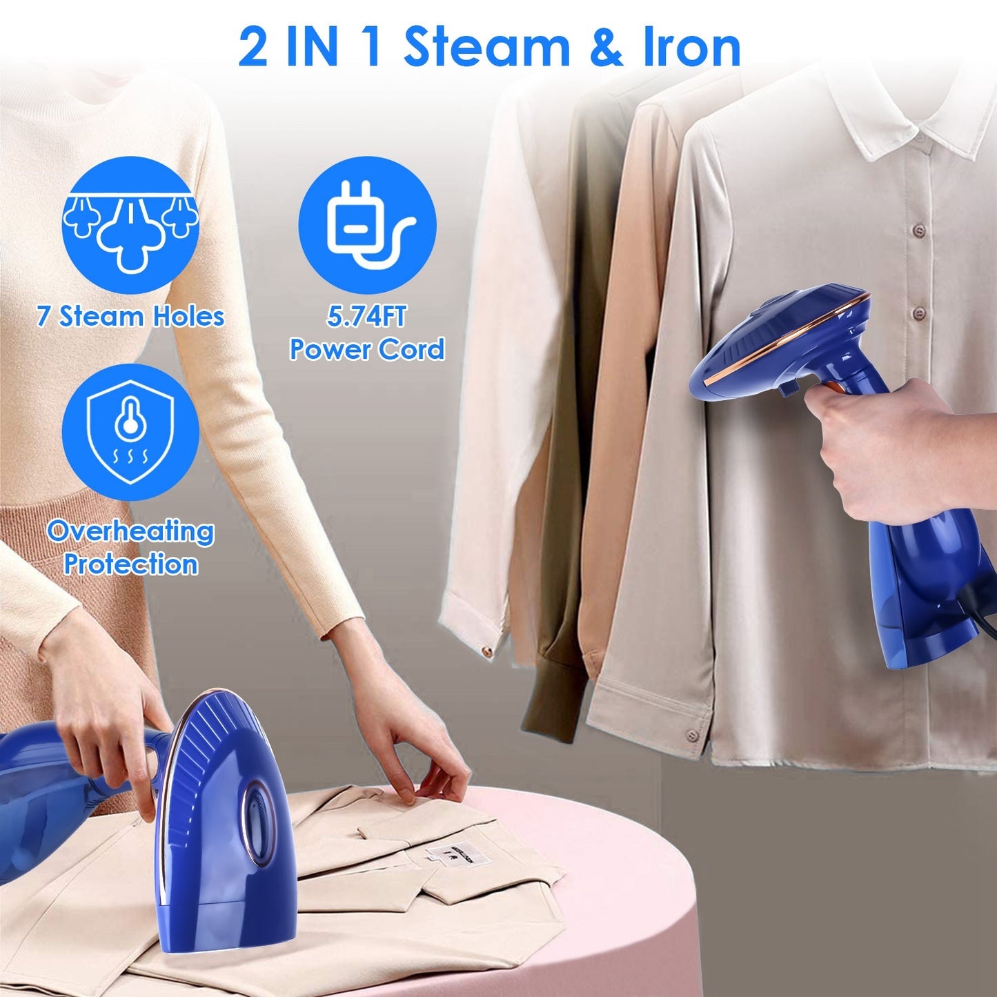 US Local 1Pc 1500W 2 In 1 Foldable Garment Steamer Handheld Fabric Wrinkle Remover With 168ML & 288ML Water Tanks For Flat Hanging Ironing