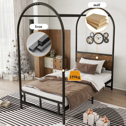 UK Local Metal Bed, 3FT Single Bed 90x190cm, Durable And Sturdy, Canopy Twin Bed, Iron Bed For Adults  Teenagers, Blackwood Color Bed Frame Only, Drape Not Included