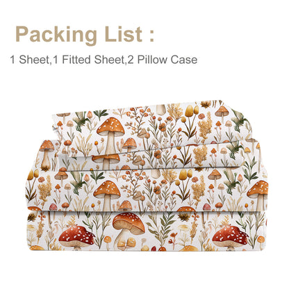 US Local 4 Pcs Of Forest Mushroom Natural Style Printed Series Beds, 1 Bedsheet, 1 Bed Sheet, And 2 Pillowcases Bedding, Suitable For All Seasons