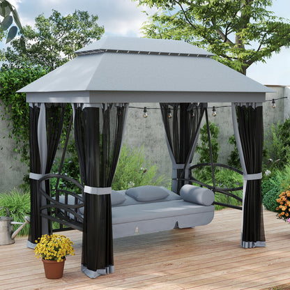 US Local 3-Seat Patio Swing Chair, Outdoor Gazebo Swing With Double Tier Canopy, Mesh Sidewalls, Cushioned Seat And Pillows, Gray