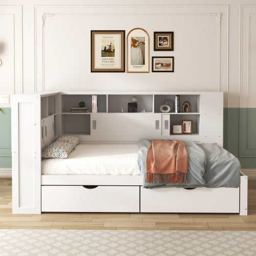 UK Local Platform Bed With Trundle  Bookcase  USB,Single Bed-3ft 90x190cm,Household Bed, Multifunctional Bed,with 2 Storage Drawers, Dust-proof Cabinet And Shelves, Large Storage Space,white